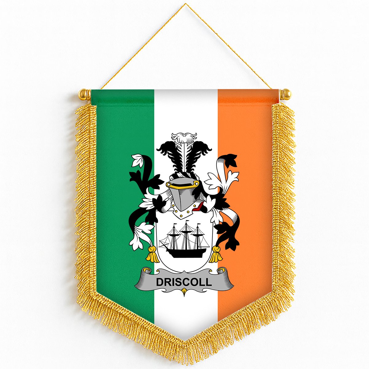 ScotsTee Shop Irish Driscoll or O'Driscoll Coat of Arms Ireland Flag and Irish Family Crest Green, White and Orange Wall Hanging Banner Gonfalon