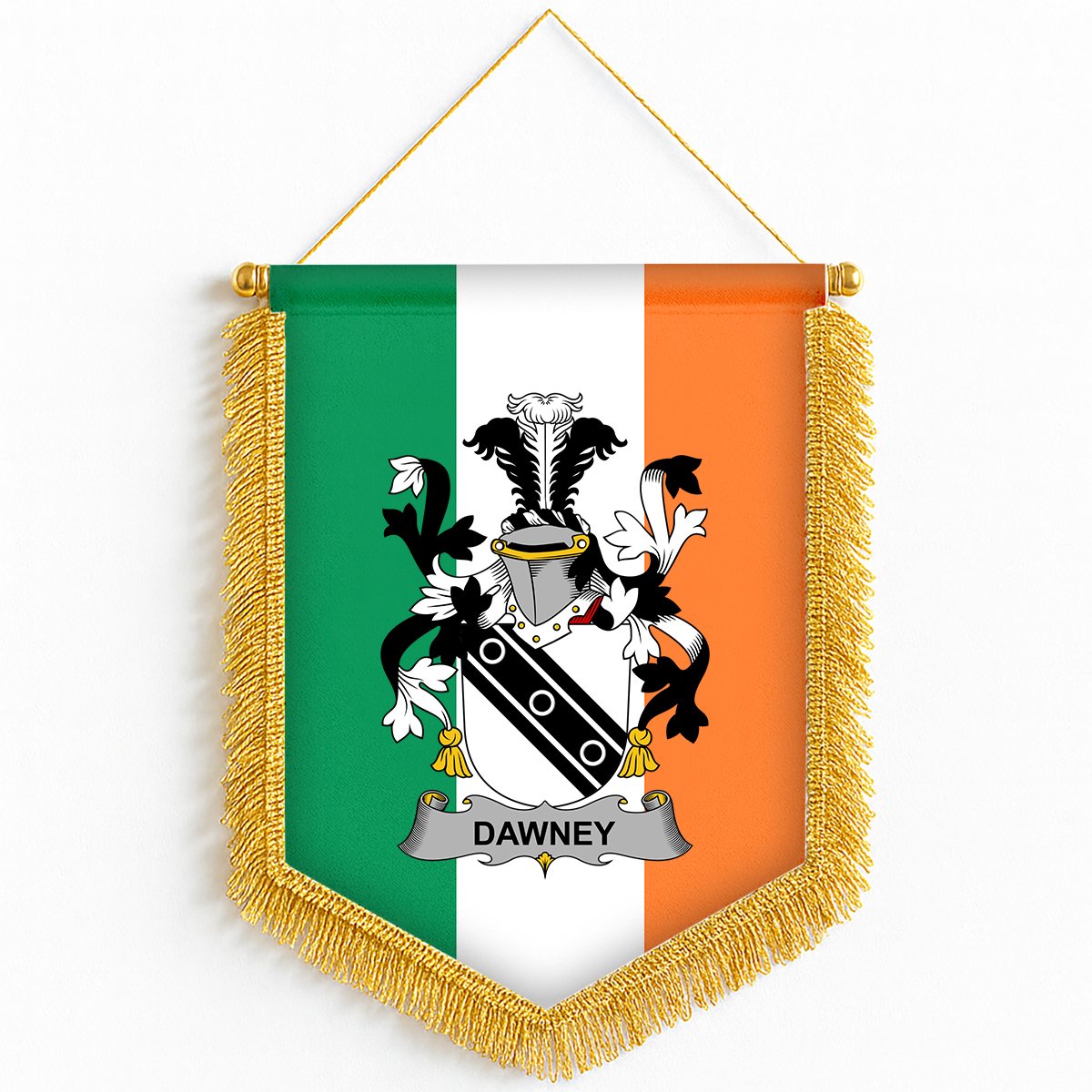 ScotsTee Shop Irish Dawney or Dawnay Coat of Arms Ireland Flag and Irish Family Crest Green, White and Orange Wall Hanging Banner Gonfalon