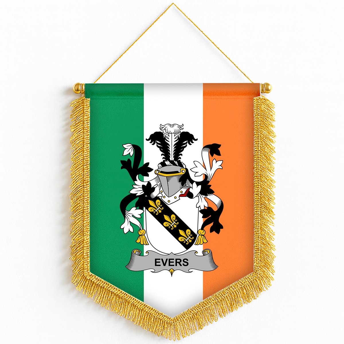 ScotsTee Shop Irish Evers Coat of Arms Ireland Flag and Irish Family Crest Green, White and Orange Wall Hanging Banner Gonfalon