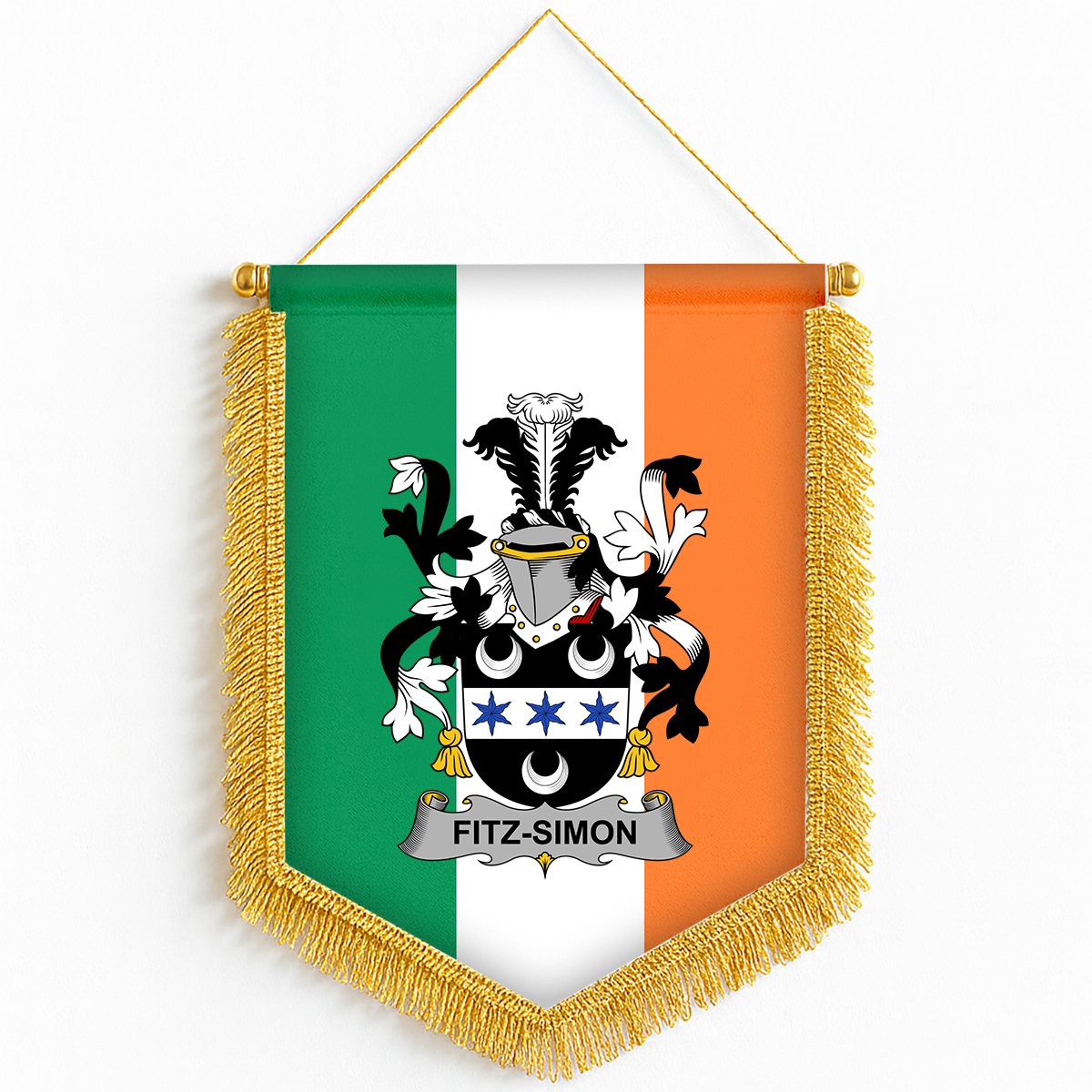 ScotsTee Shop Irish Fitz-Simon Coat of Arms Ireland Flag and Irish Family Crest Green, White and Orange Wall Hanging Banner Gonfalon