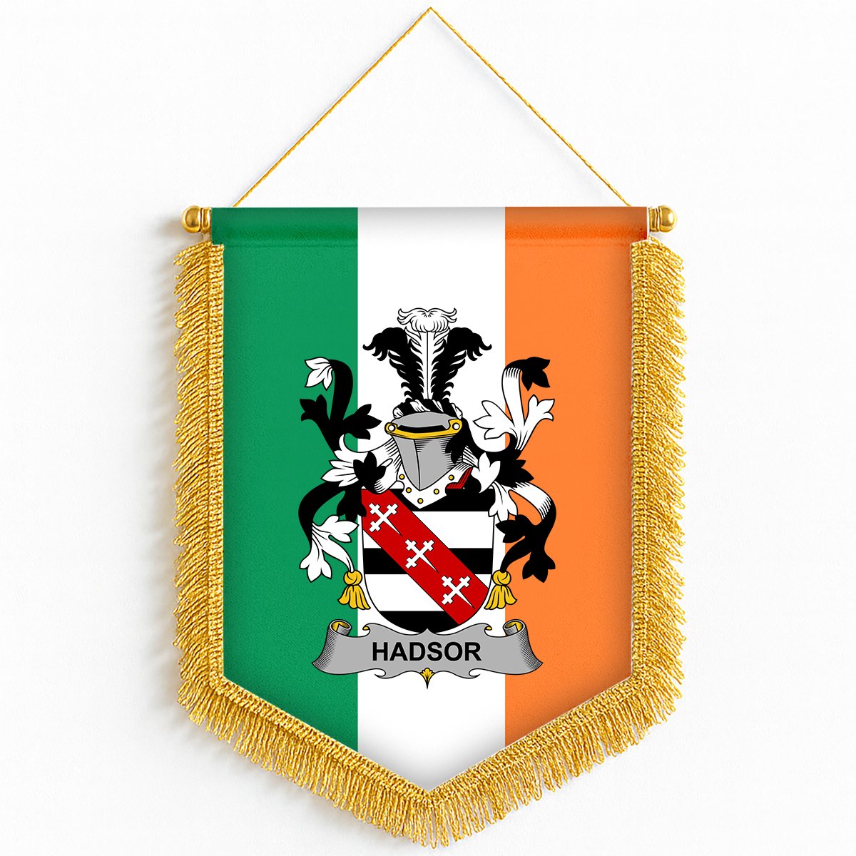 ScotsTee Shop Irish Hadsor Coat of Arms Ireland Flag and Irish Family Crest Green, White and Orange Wall Hanging Banner Gonfalon
