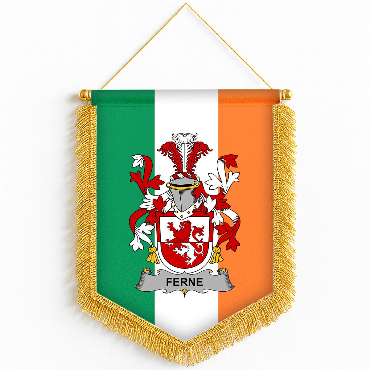 ScotsTee Shop Irish Ferne Coat of Arms Ireland Flag and Irish Family Crest Green, White and Orange Wall Hanging Banner Gonfalon