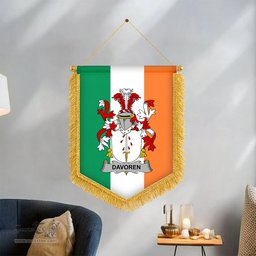 ScotsTee Shop Irish Davoren or O'Davoren Coat of Arms Ireland Flag and Irish Family Crest Green, White and Orange Wall Hanging Banner Gonfalon