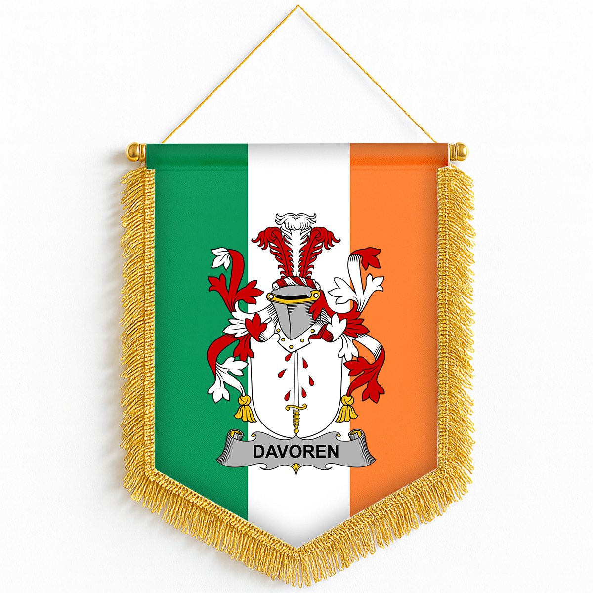 ScotsTee Shop Irish Davoren or O'Davoren Coat of Arms Ireland Flag and Irish Family Crest Green, White and Orange Wall Hanging Banner Gonfalon