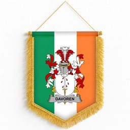ScotsTee Shop Irish Davoren or O'Davoren Coat of Arms Ireland Flag and Irish Family Crest Green, White and Orange Wall Hanging Banner Gonfalon