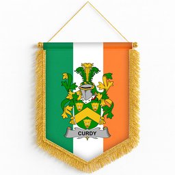 ScotsTee Shop Irish Curdy or McCurdy Coat of Arms Ireland Flag and Irish Family Crest Green, White and Orange Wall Hanging Banner Gonfalon
