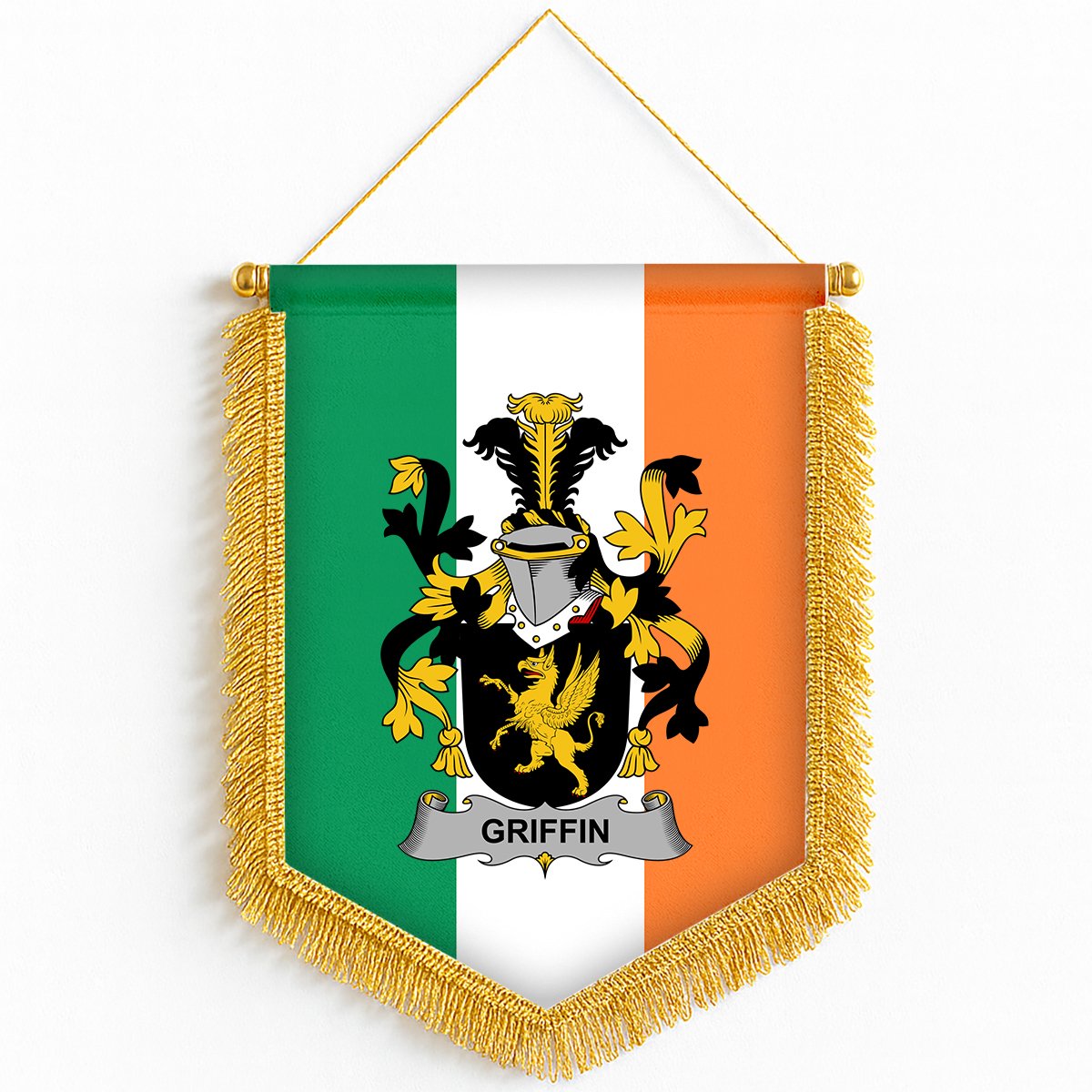 ScotsTee Shop Irish Griffin or O'Griffy Coat of Arms Ireland Flag and Irish Family Crest Green, White and Orange Wall Hanging Banner Gonfalon