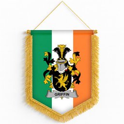 ScotsTee Shop Irish Griffin or O'Griffy Coat of Arms Ireland Flag and Irish Family Crest Green, White and Orange Wall Hanging Banner Gonfalon