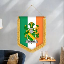 ScotsTee Shop Irish Grumley Coat of Arms Ireland Flag and Irish Family Crest Green, White and Orange Wall Hanging Banner Gonfalon