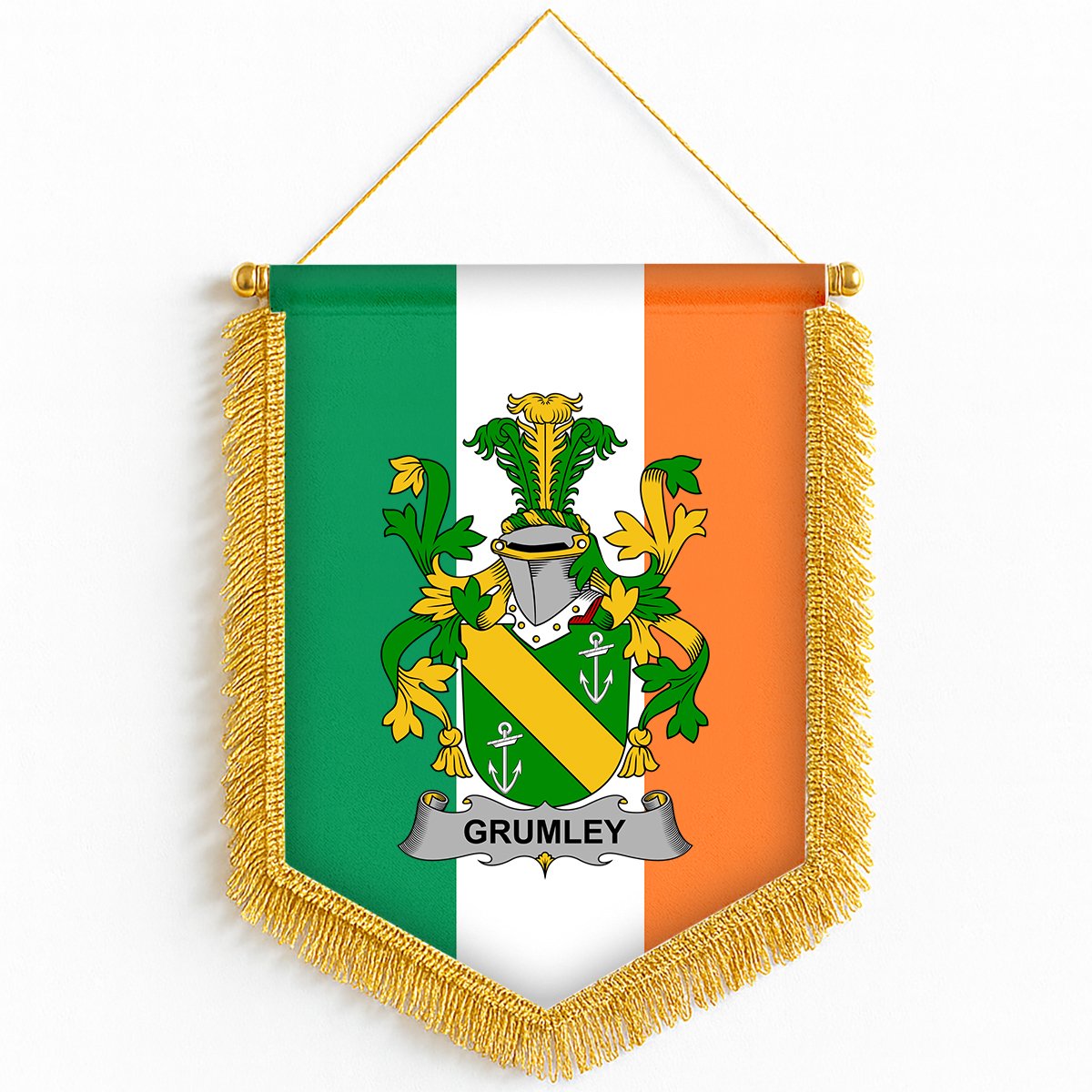 ScotsTee Shop Irish Grumley Coat of Arms Ireland Flag and Irish Family Crest Green, White and Orange Wall Hanging Banner Gonfalon