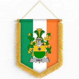 ScotsTee Shop Irish Haly or O'Haly Coat of Arms Ireland Flag and Irish Family Crest Green, White and Orange Wall Hanging Banner Gonfalon
