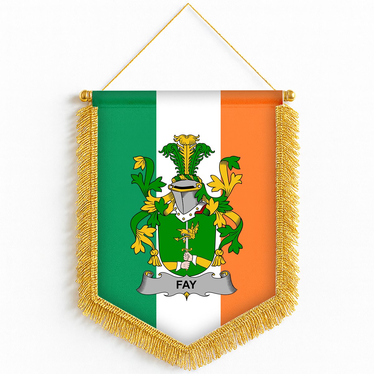 ScotsTee Shop Irish Fay or O'Fee Coat of Arms Ireland Flag and Irish Family Crest Green, White and Orange Wall Hanging Banner Gonfalon