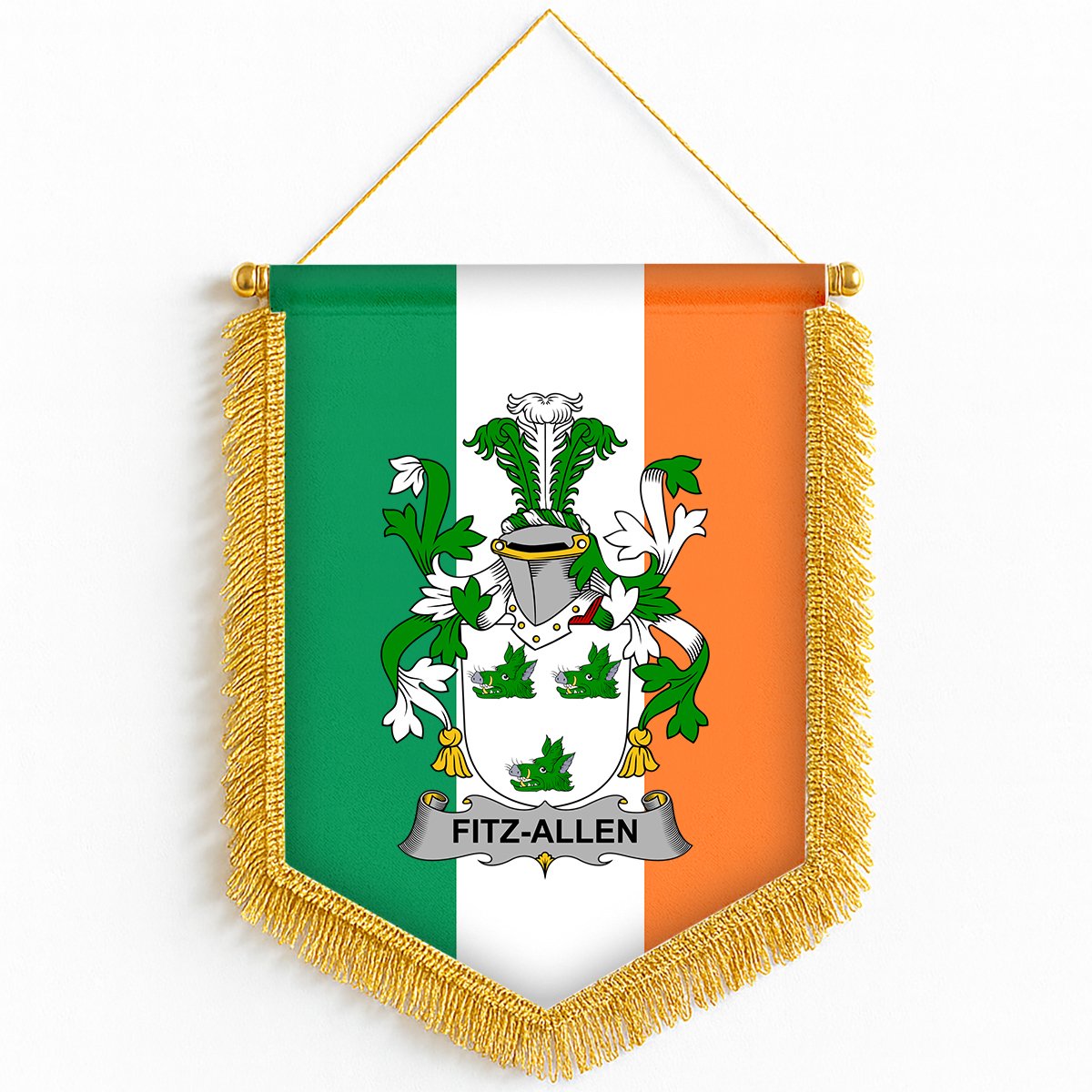 ScotsTee Shop Irish Fitz-Allen Coat of Arms Ireland Flag and Irish Family Crest Green, White and Orange Wall Hanging Banner Gonfalon