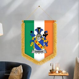 ScotsTee Shop Irish Dawson Coat of Arms Ireland Flag and Irish Family Crest Green, White and Orange Wall Hanging Banner Gonfalon