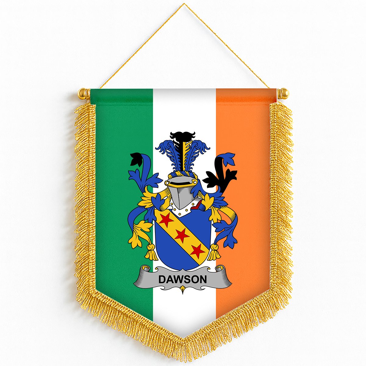 ScotsTee Shop Irish Dawson Coat of Arms Ireland Flag and Irish Family Crest Green, White and Orange Wall Hanging Banner Gonfalon