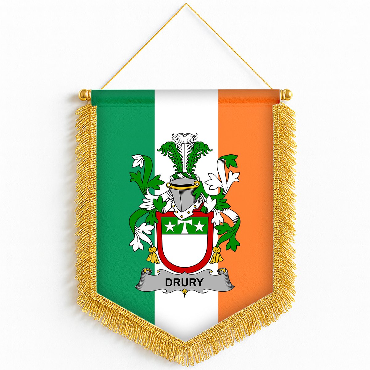 ScotsTee Shop Irish Drury or McDrury Coat of Arms Ireland Flag and Irish Family Crest Green, White and Orange Wall Hanging Banner Gonfalon