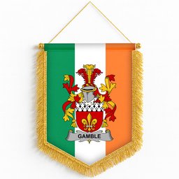 ScotsTee Shop Irish Gamble Coat of Arms Ireland Flag and Irish Family Crest Green, White and Orange Wall Hanging Banner Gonfalon