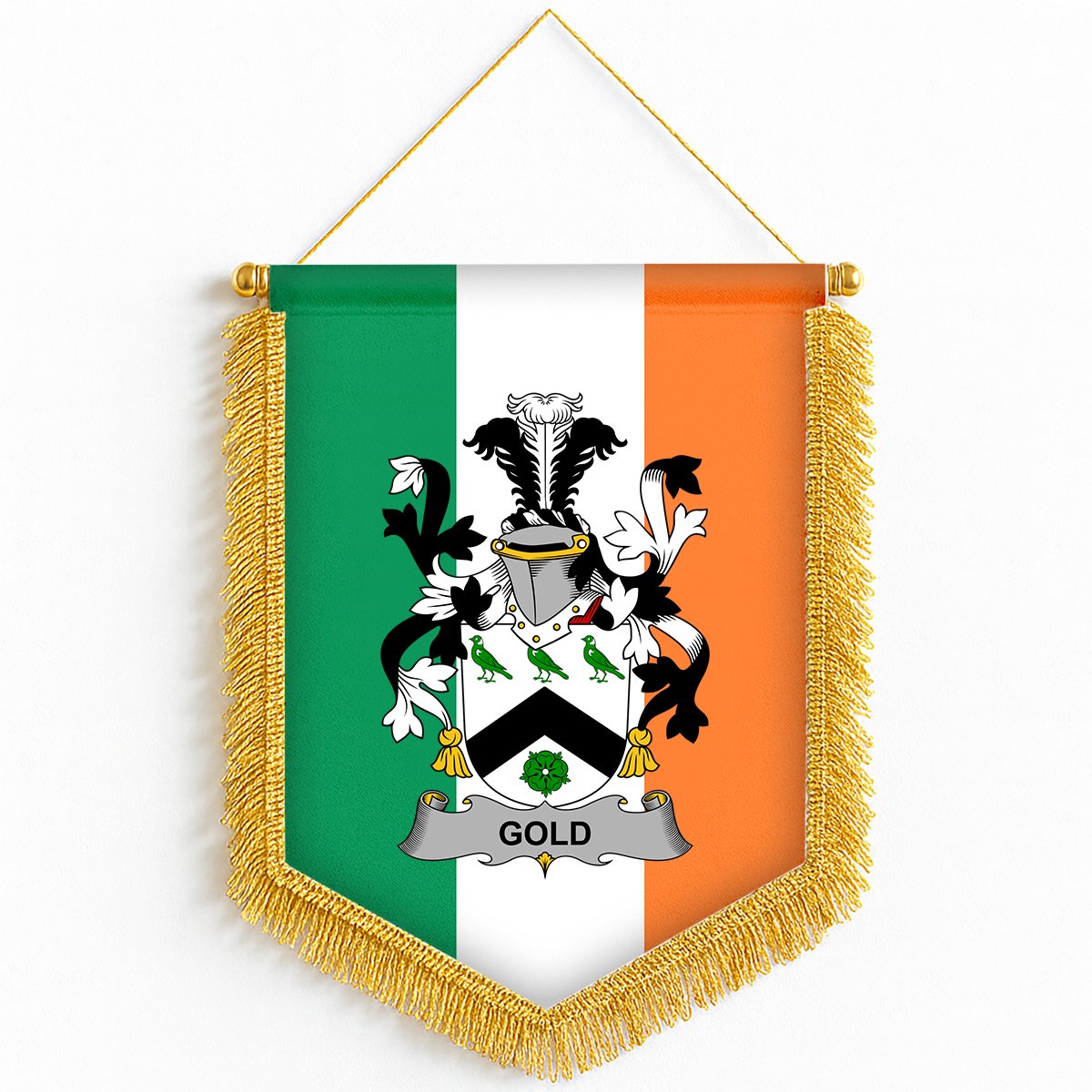 ScotsTee Shop Irish Gold Coat of Arms Ireland Flag and Irish Family Crest Green, White and Orange Wall Hanging Banner Gonfalon