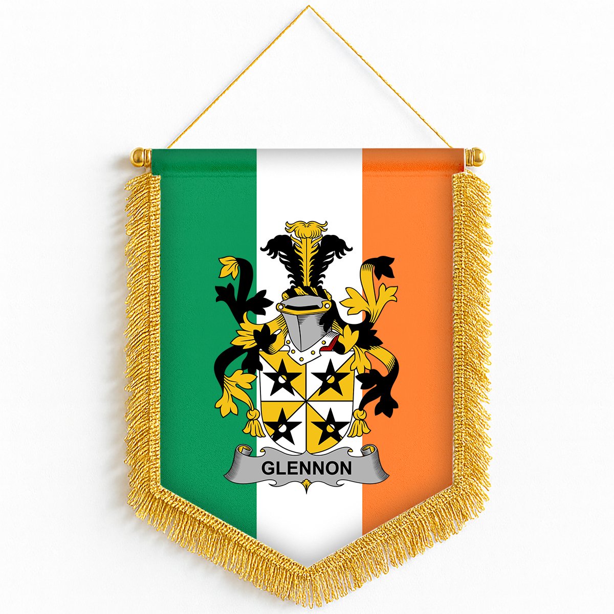 ScotsTee Shop Irish Glennon or Glenane Coat of Arms Ireland Flag and Irish Family Crest Green, White and Orange Wall Hanging Banner Gonfalon