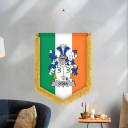 ScotsTee Shop Irish Dea or O'Dea Coat of Arms Ireland Flag and Irish Family Crest Green, White and Orange Wall Hanging Banner Gonfalon