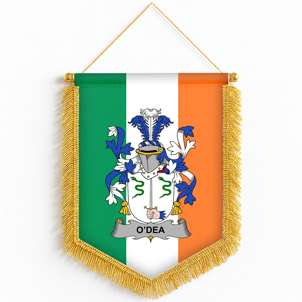 ScotsTee Shop Irish Dea or O'Dea Coat of Arms Ireland Flag and Irish Family Crest Green, White and Orange Wall Hanging Banner Gonfalon