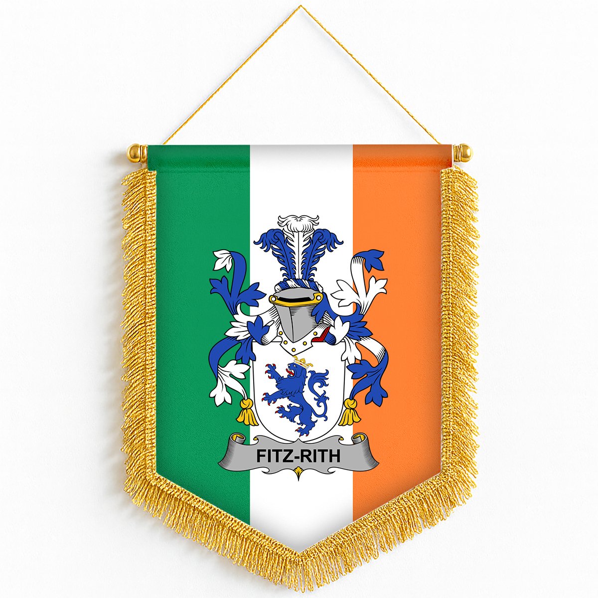 ScotsTee Shop Irish Fitz-Rith Coat of Arms Ireland Flag and Irish Family Crest Green, White and Orange Wall Hanging Banner Gonfalon