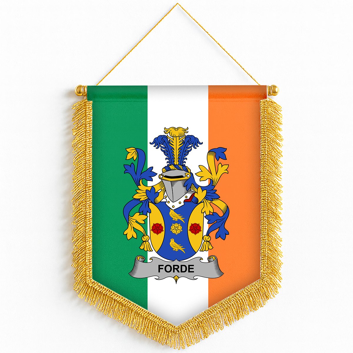 ScotsTee Shop Irish Forde or Consnave Coat of Arms Ireland Flag and Irish Family Crest Green, White and Orange Wall Hanging Banner Gonfalon
