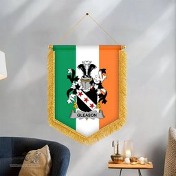 ScotsTee Shop Irish gleason Coat of Arms Ireland Flag and Irish Family Crest Green, White and Orange Wall Hanging Banner Gonfalon