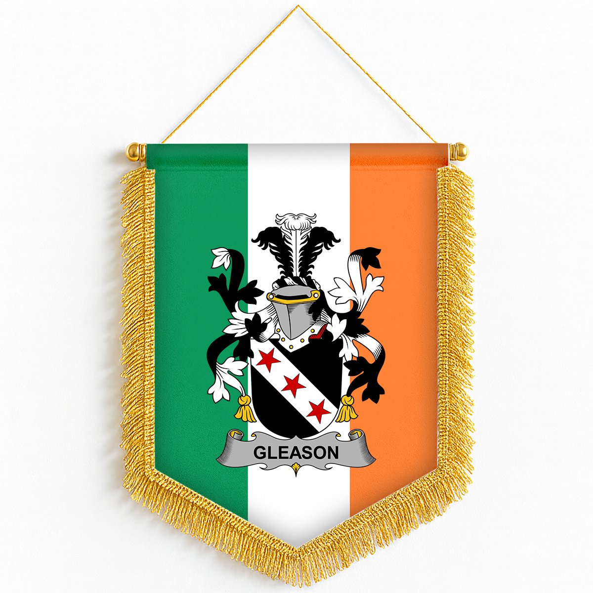 ScotsTee Shop Irish gleason Coat of Arms Ireland Flag and Irish Family Crest Green, White and Orange Wall Hanging Banner Gonfalon