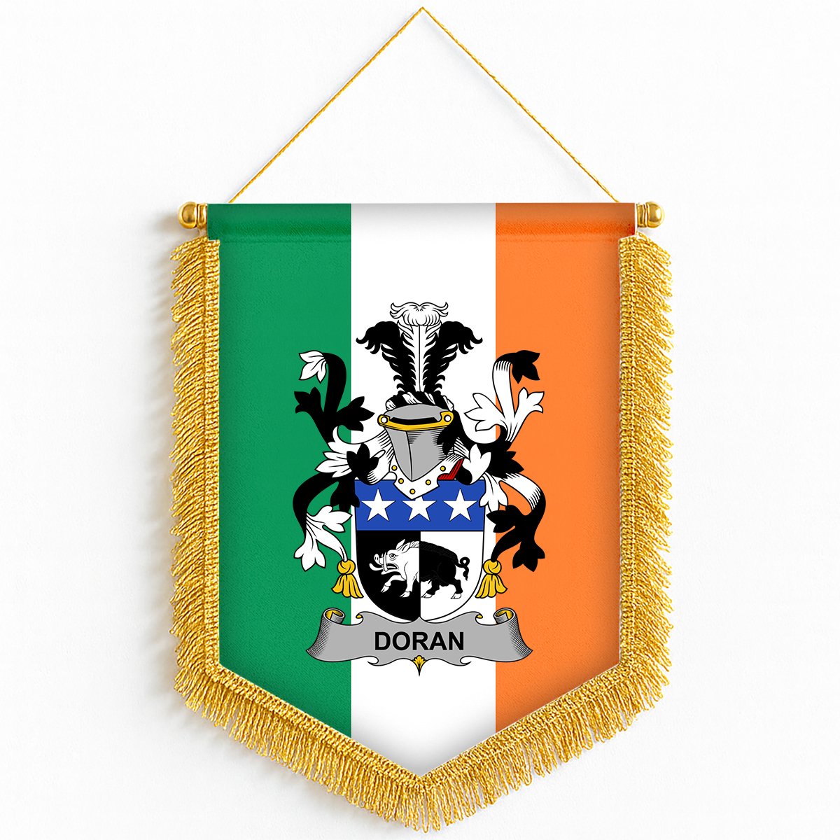 ScotsTee Shop Irish Doran or O'Doran Coat of Arms Ireland Flag and Irish Family Crest Green, White and Orange Wall Hanging Banner Gonfalon