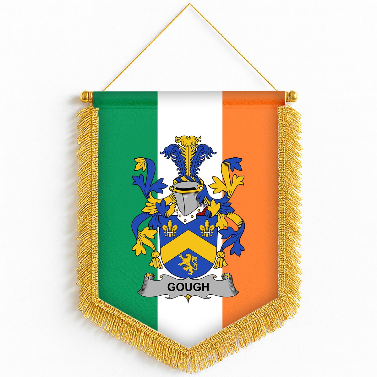 ScotsTee Shop Irish Gough Coat of Arms Ireland Flag and Irish Family Crest Green, White and Orange Wall Hanging Banner Gonfalon