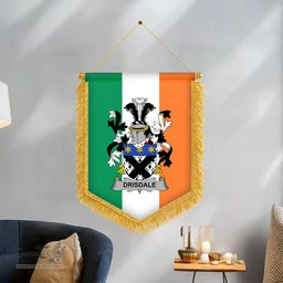 ScotsTee Shop Irish Drisdale Coat of Arms Ireland Flag and Irish Family Crest Green, White and Orange Wall Hanging Banner Gonfalon