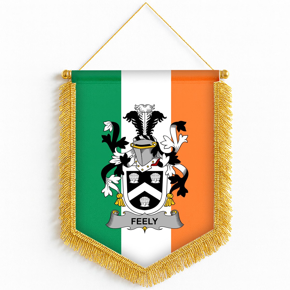 ScotsTee Shop Irish Feely or O'Feehily Coat of Arms Ireland Flag and Irish Family Crest Green, White and Orange Wall Hanging Banner Gonfalon