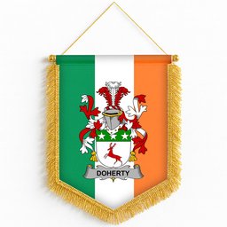 ScotsTee Shop Irish Doherty or O'Doherty Coat of Arms Ireland Flag and Irish Family Crest Green, White and Orange Wall Hanging Banner Gonfalon