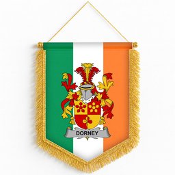 ScotsTee Shop Irish Dorney or O'Dorney Coat of Arms Ireland Flag and Irish Family Crest Green, White and Orange Wall Hanging Banner Gonfalon