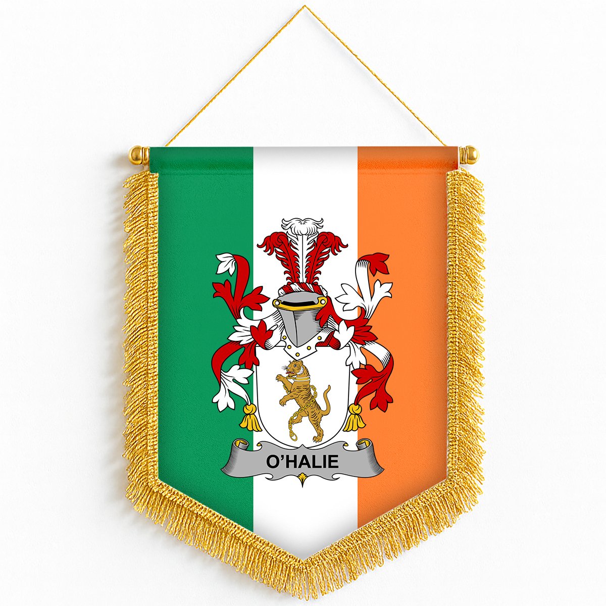 ScotsTee Shop Irish Halie or O'Halie Coat of Arms Ireland Flag and Irish Family Crest Green, White and Orange Wall Hanging Banner Gonfalon