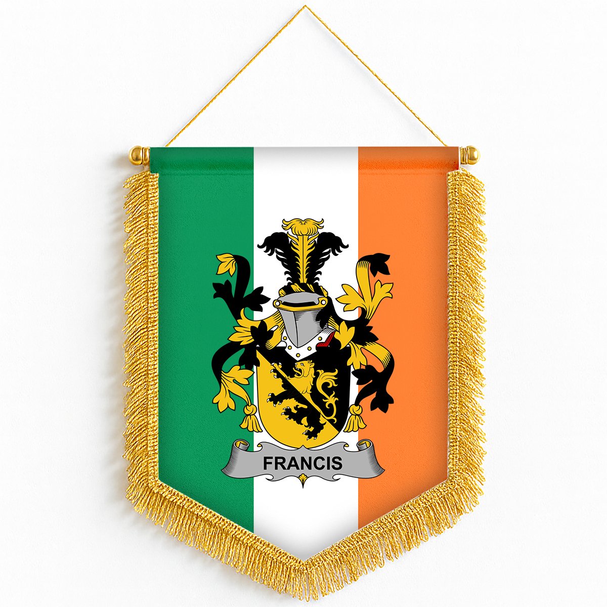 ScotsTee Shop Irish Francis Coat of Arms Ireland Flag and Irish Family Crest Green, White and Orange Wall Hanging Banner Gonfalon
