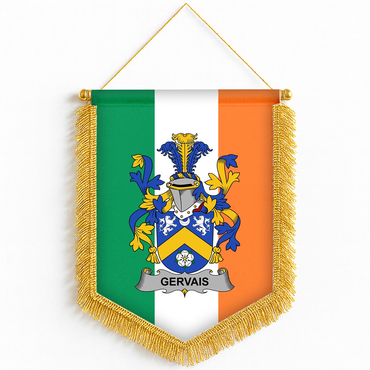 ScotsTee Shop Irish Gervais Coat of Arms Ireland Flag and Irish Family Crest Green, White and Orange Wall Hanging Banner Gonfalon