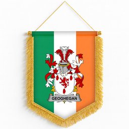 ScotsTee Shop Irish Geoghegan or O'Geoghegan Coat of Arms Ireland Flag and Irish Family Crest Green, White and Orange Wall Hanging Banner Gonfalon