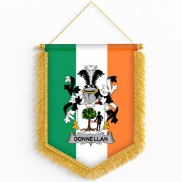 ScotsTee Shop Irish Donnellan or O'Donnellan Coat of Arms Ireland Flag and Irish Family Crest Green, White and Orange Wall Hanging Banner Gonfalon