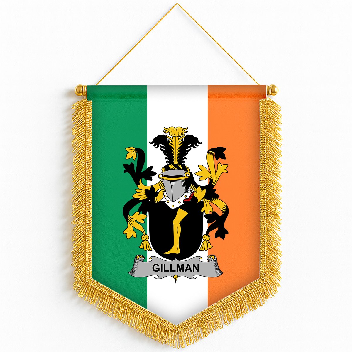 ScotsTee Shop Irish Gillman Coat of Arms Ireland Flag and Irish Family Crest Green, White and Orange Wall Hanging Banner Gonfalon