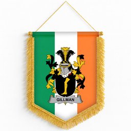 ScotsTee Shop Irish Gillman Coat of Arms Ireland Flag and Irish Family Crest Green, White and Orange Wall Hanging Banner Gonfalon