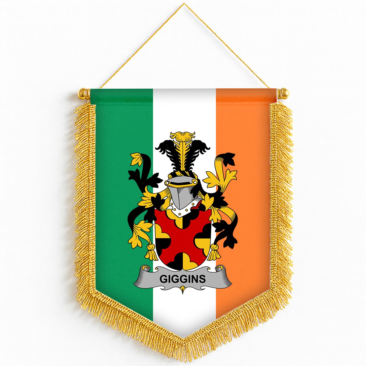 ScotsTee Shop Irish Giggins Coat of Arms Ireland Flag and Irish Family Crest Green, White and Orange Wall Hanging Banner Gonfalon