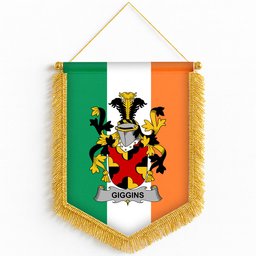 ScotsTee Shop Irish Giggins Coat of Arms Ireland Flag and Irish Family Crest Green, White and Orange Wall Hanging Banner Gonfalon