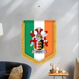 ScotsTee Shop Irish Grady or O'Grady Coat of Arms Ireland Flag and Irish Family Crest Green, White and Orange Wall Hanging Banner Gonfalon