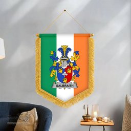 ScotsTee Shop Irish Galbraith Coat of Arms Ireland Flag and Irish Family Crest Green, White and Orange Wall Hanging Banner Gonfalon