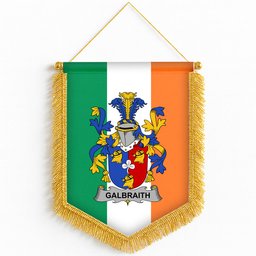 ScotsTee Shop Irish Galbraith Coat of Arms Ireland Flag and Irish Family Crest Green, White and Orange Wall Hanging Banner Gonfalon