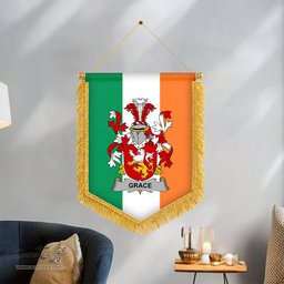 ScotsTee Shop Irish Grace Coat of Arms Ireland Flag and Irish Family Crest Green, White and Orange Wall Hanging Banner Gonfalon