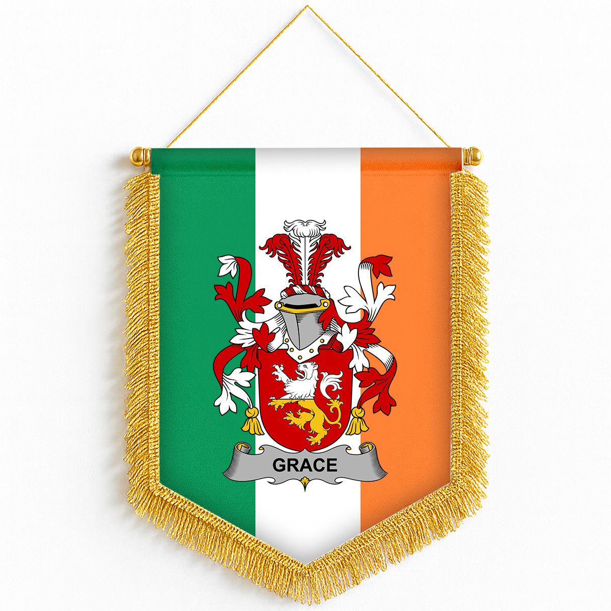 ScotsTee Shop Irish Grace Coat of Arms Ireland Flag and Irish Family Crest Green, White and Orange Wall Hanging Banner Gonfalon