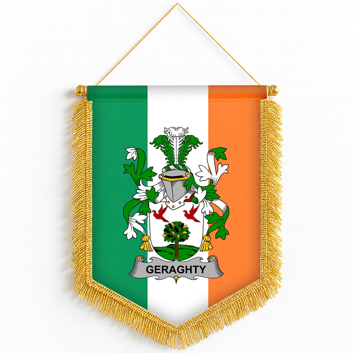 ScotsTee Shop Irish Geraghty or McGarrity Coat of Arms Ireland Flag and Irish Family Crest Green, White and Orange Wall Hanging Banner Gonfalon